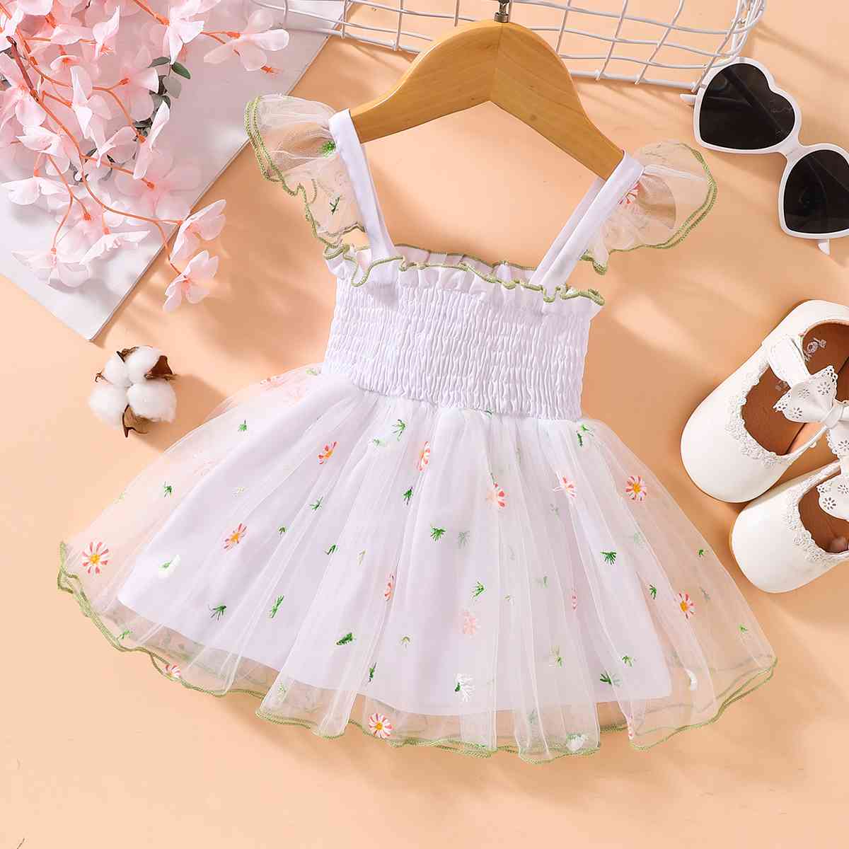 Embroidered Square Neck Smocked Dress
