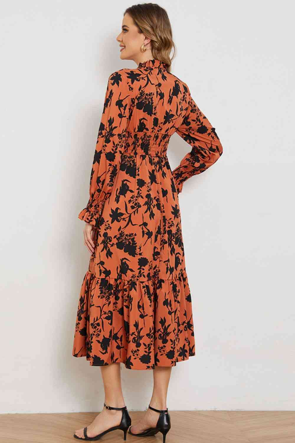 Floral Smocked Long Flounce Sleeve Dress