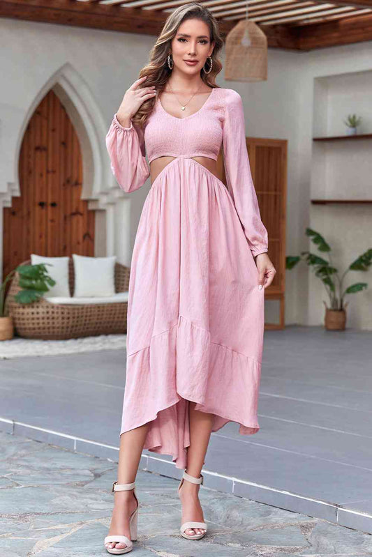 Smocked Cutout High-Low V-Neck Dress