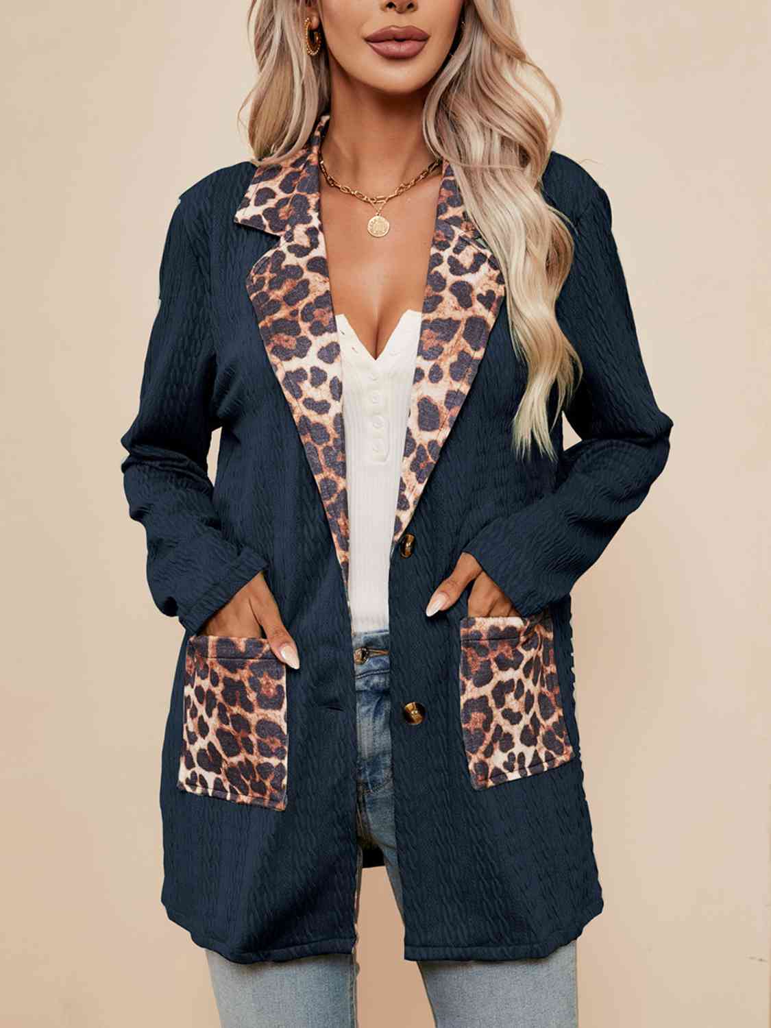 Leopard Buttoned Lapel Collar Blazer with Pockets