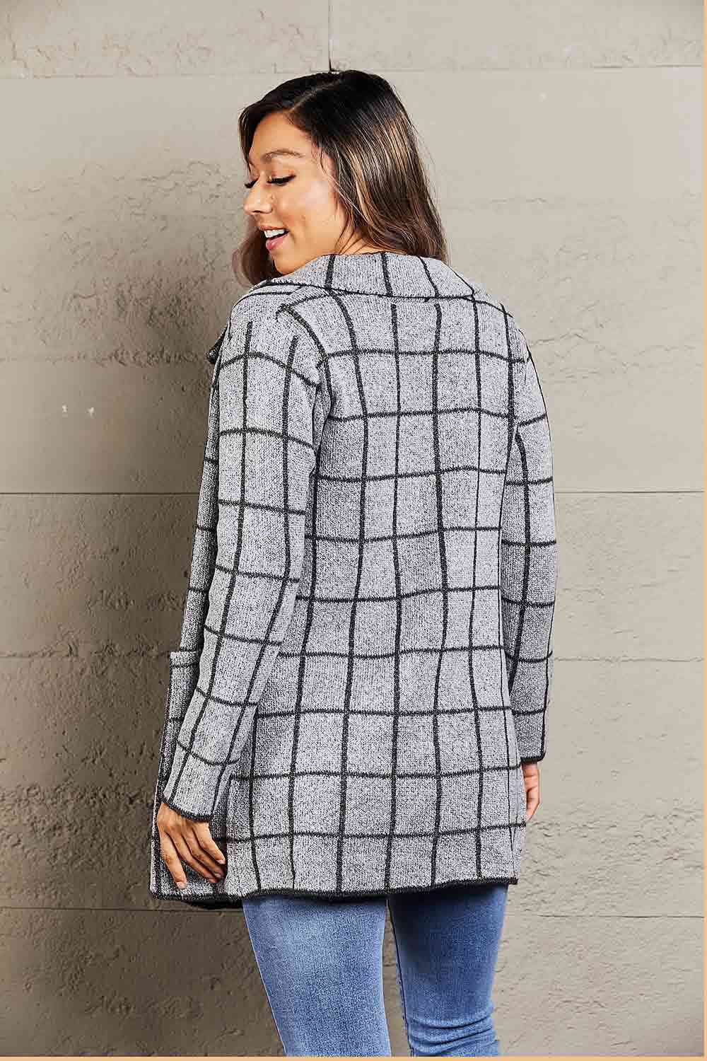 Double Take Printed Open Front Lapel Collar Cardigan with Pockets