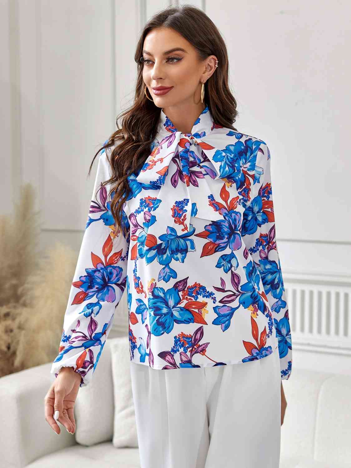 Floral Tie Neck Long Sleeve Blouse