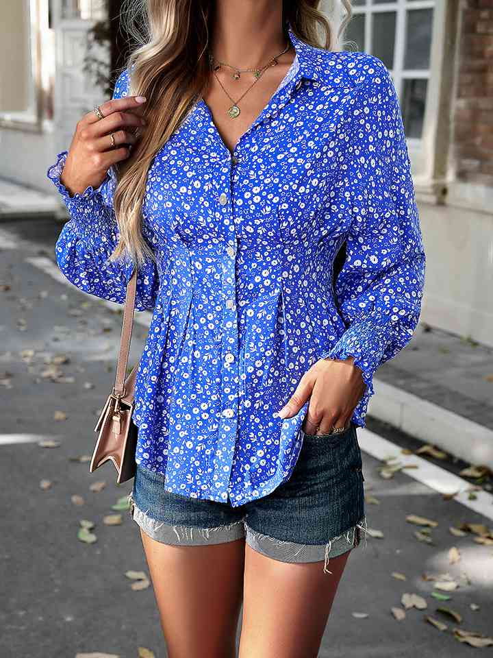 Printed Button-Up Lantern Sleeve Shirt