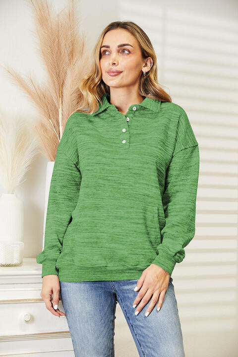 Ninexis Full Size Quarter-Button Collared Sweatshirt