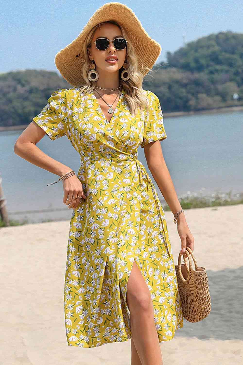 Floral Surplice Neck Short Sleeve Dress