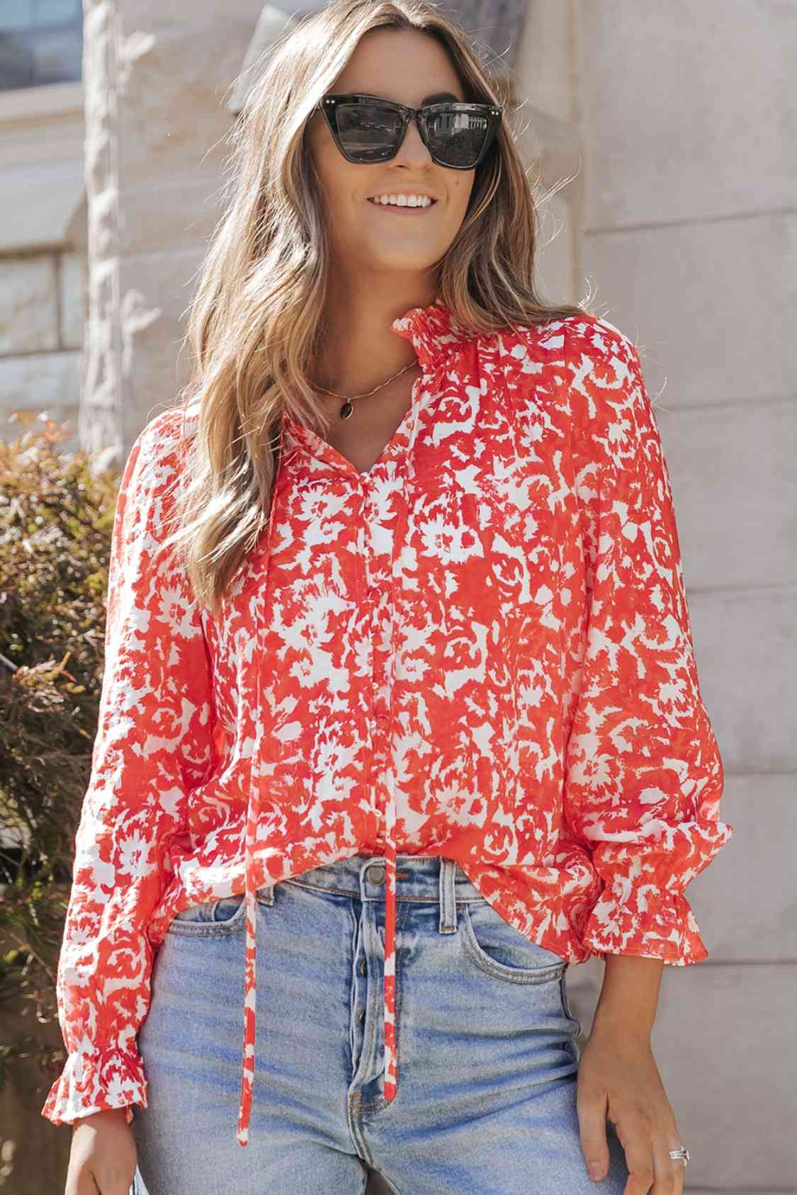 Printed Tie Neck Flounce Sleeve Blouse