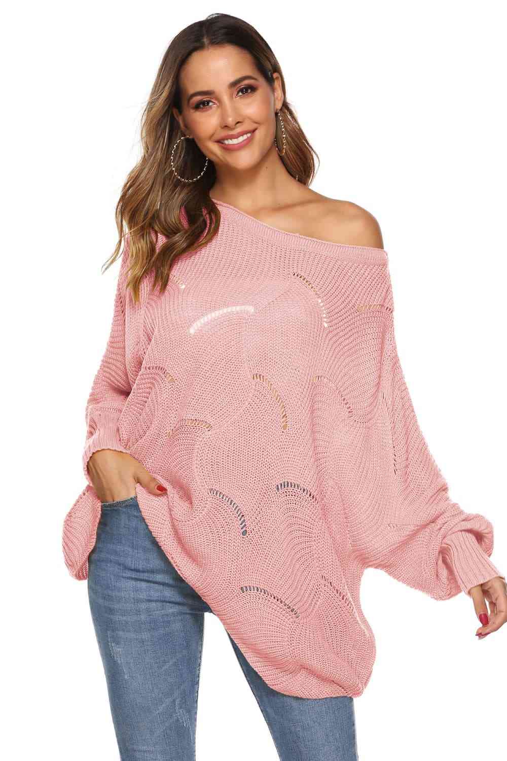 Round Neck Long Sleeve Openwork Sweater