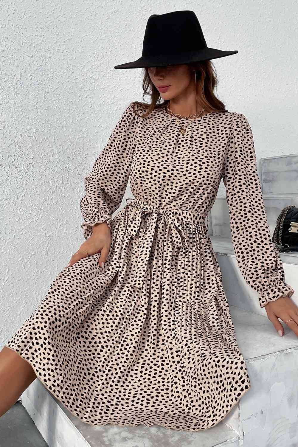 Printed Round Neck Belted Pleated Dress