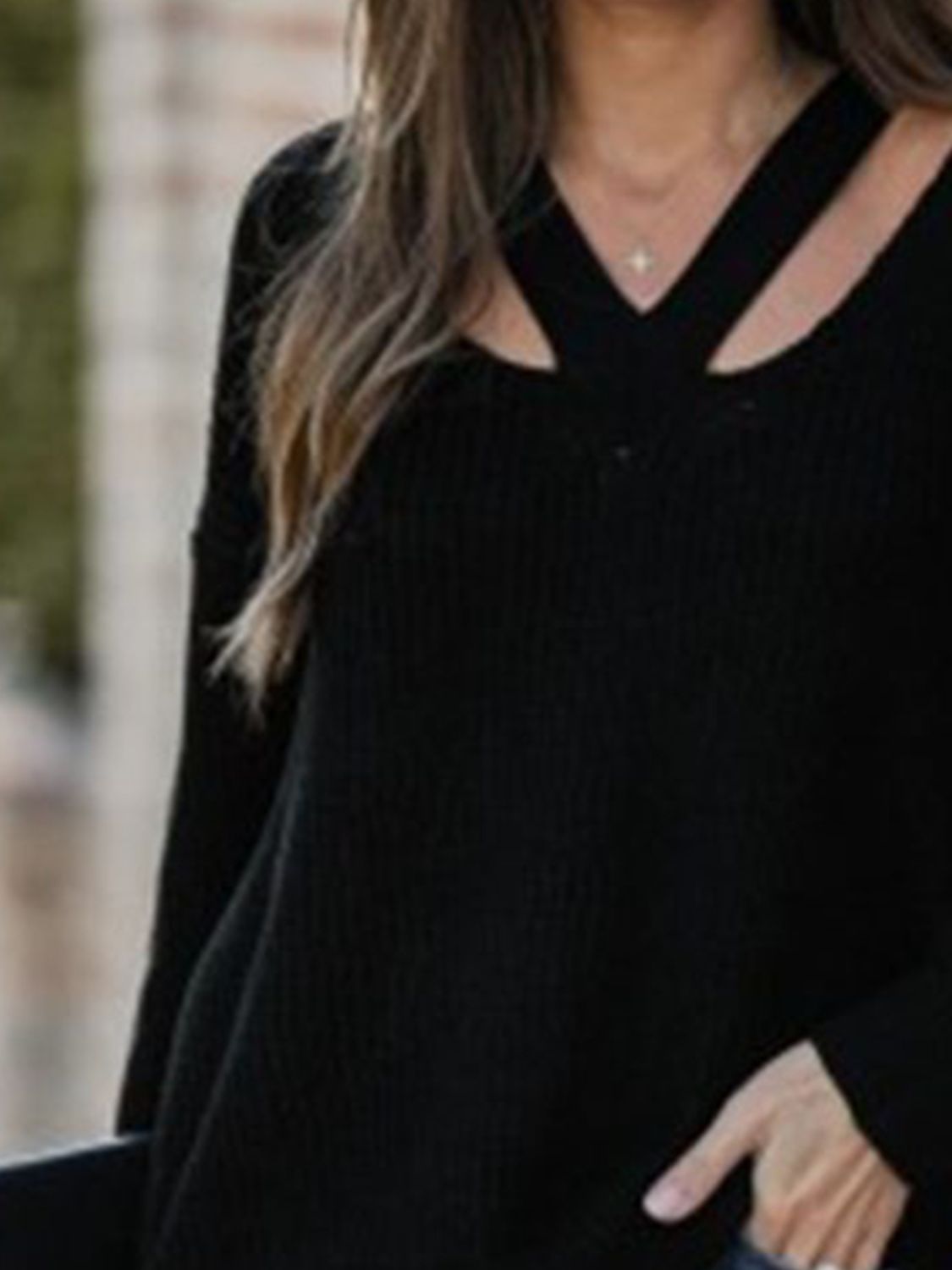 Full Size Cutout V-Neck Rib-Knit Sweater