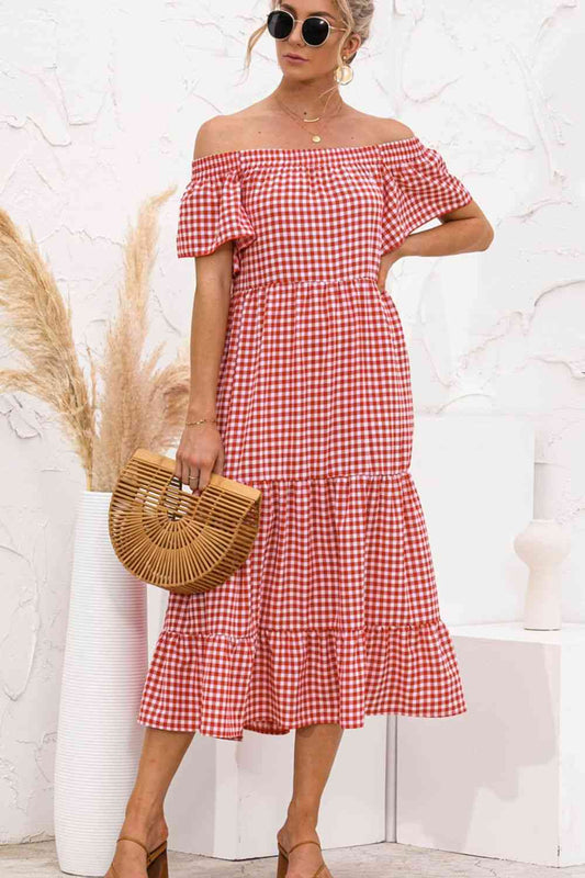 Plaid Off-Shoulder Tiered Midi Dress