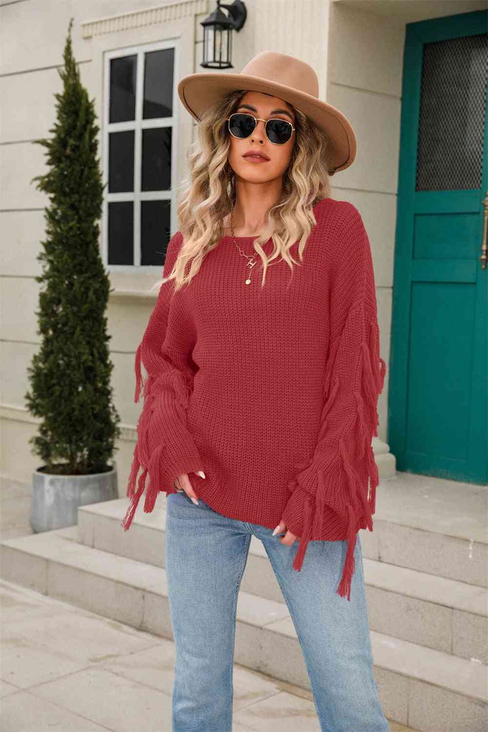 Ribbed Round Neck Fringe Detail Sweater