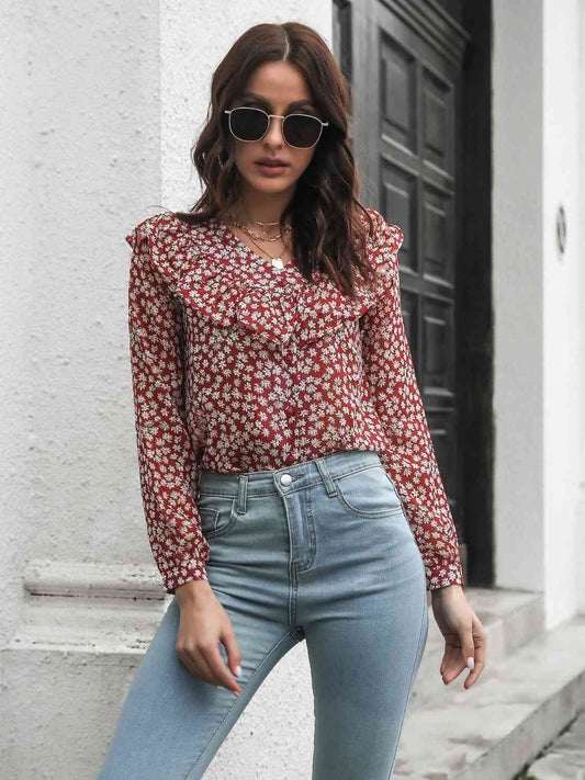 Printed Statement Collar Long Sleeve Blouse