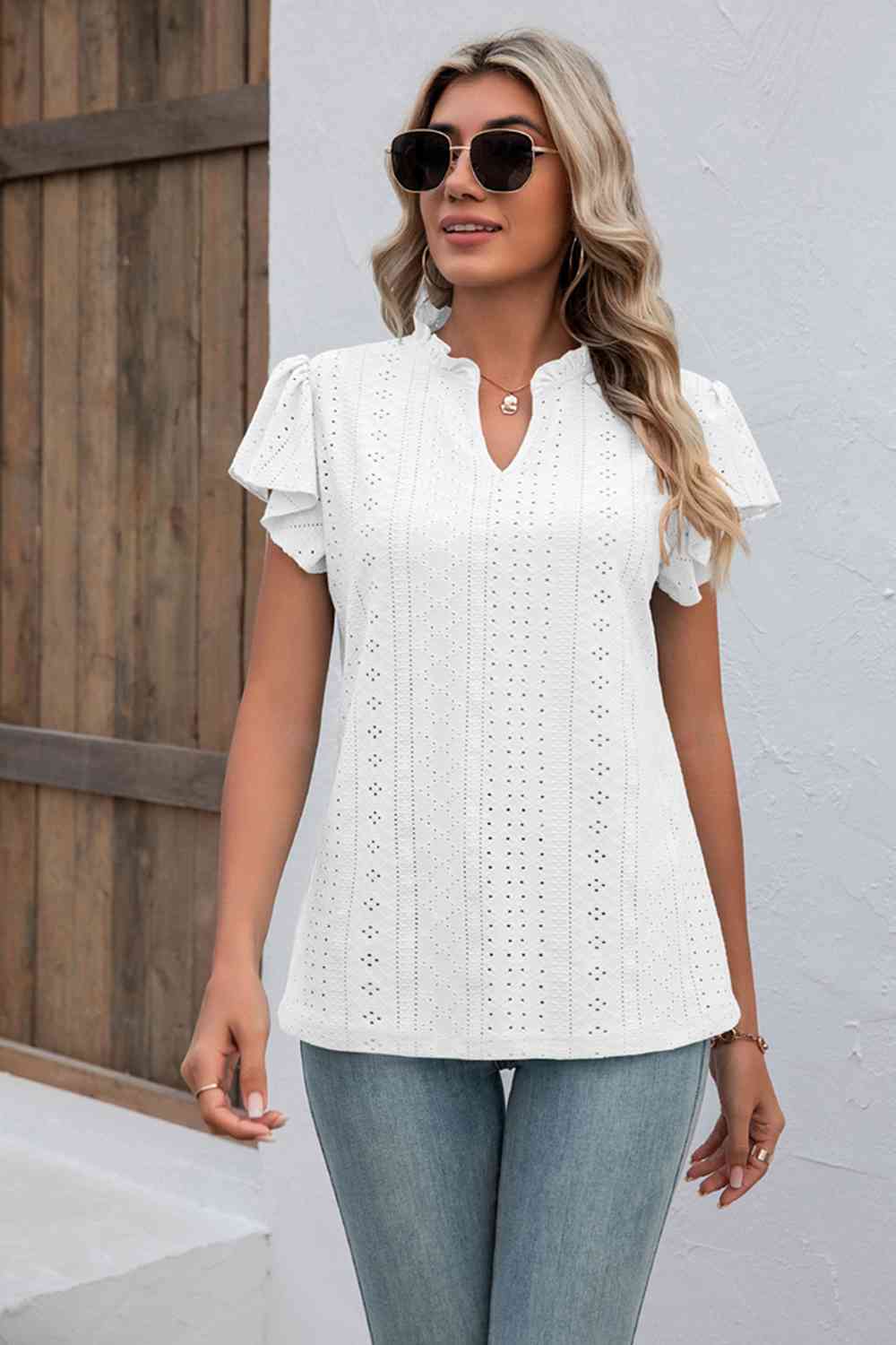 Eyelet Notched Neck Flutter Sleeve Top