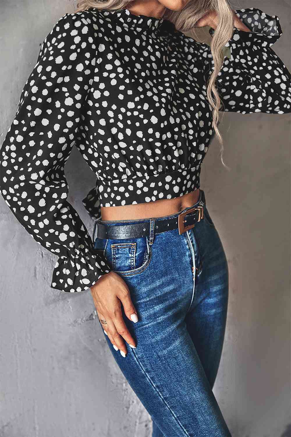 Animal Print Tie-Back Cropped Blouse