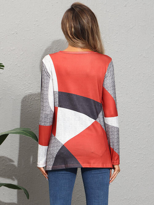 Color Block Round Neck Long Sleeve T-Shirt