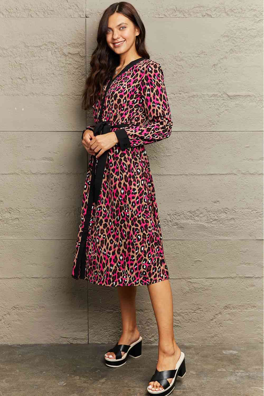 V-Neck Tie Waist Printed Midi Dress