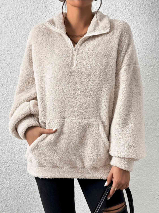 Half Zip Drop Shoulder Sweatshirt with Pocket