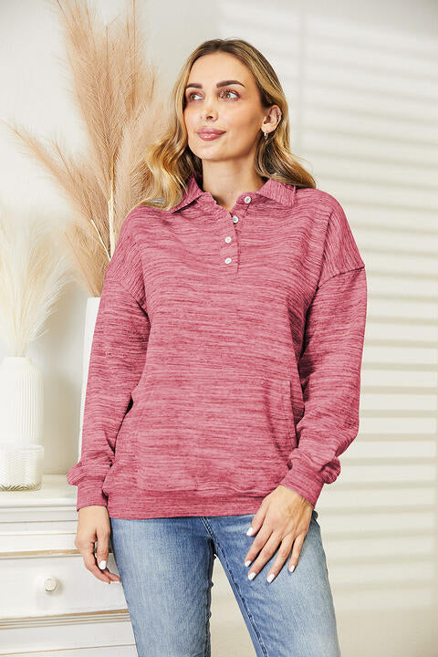 Ninexis Full Size Quarter-Button Collared Sweatshirt