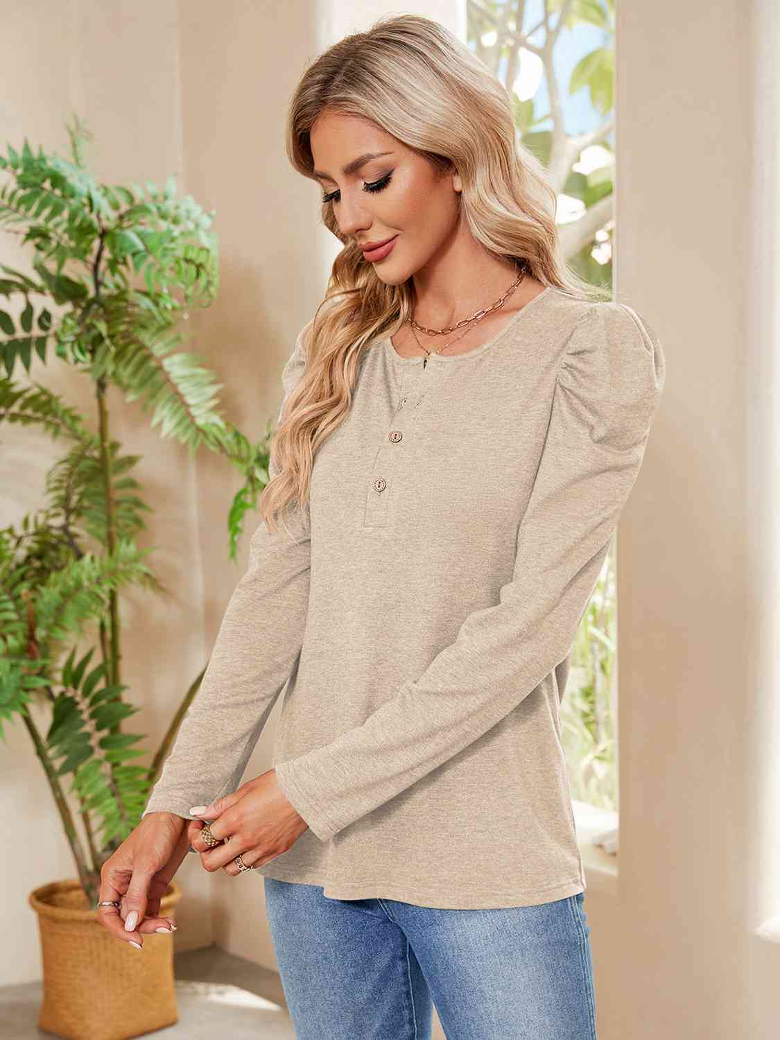 Buttoned Round Neck Puff Sleeve T-Shirt