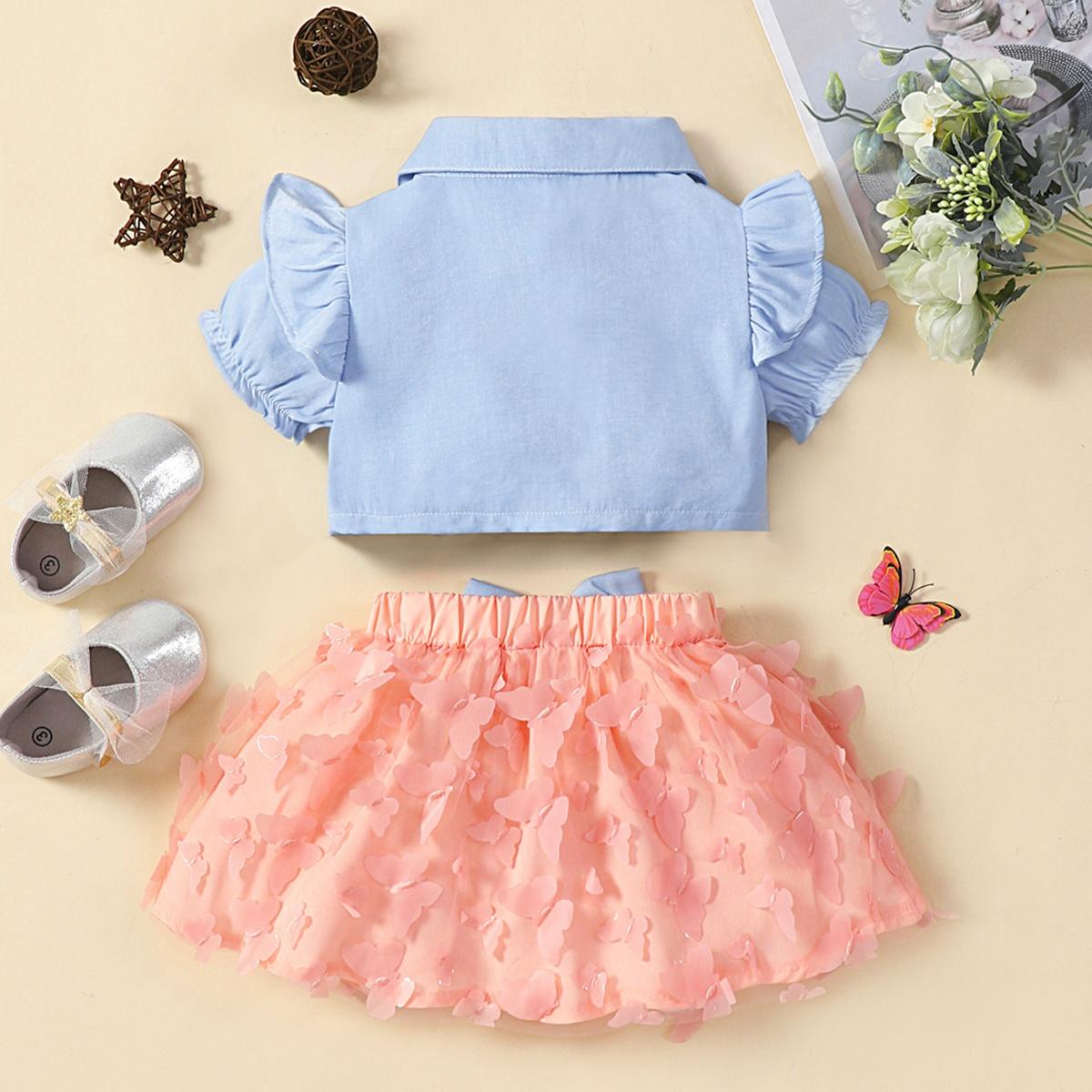 Ruffle Shoulder Shirt and Butterfly Applique Skirt Set