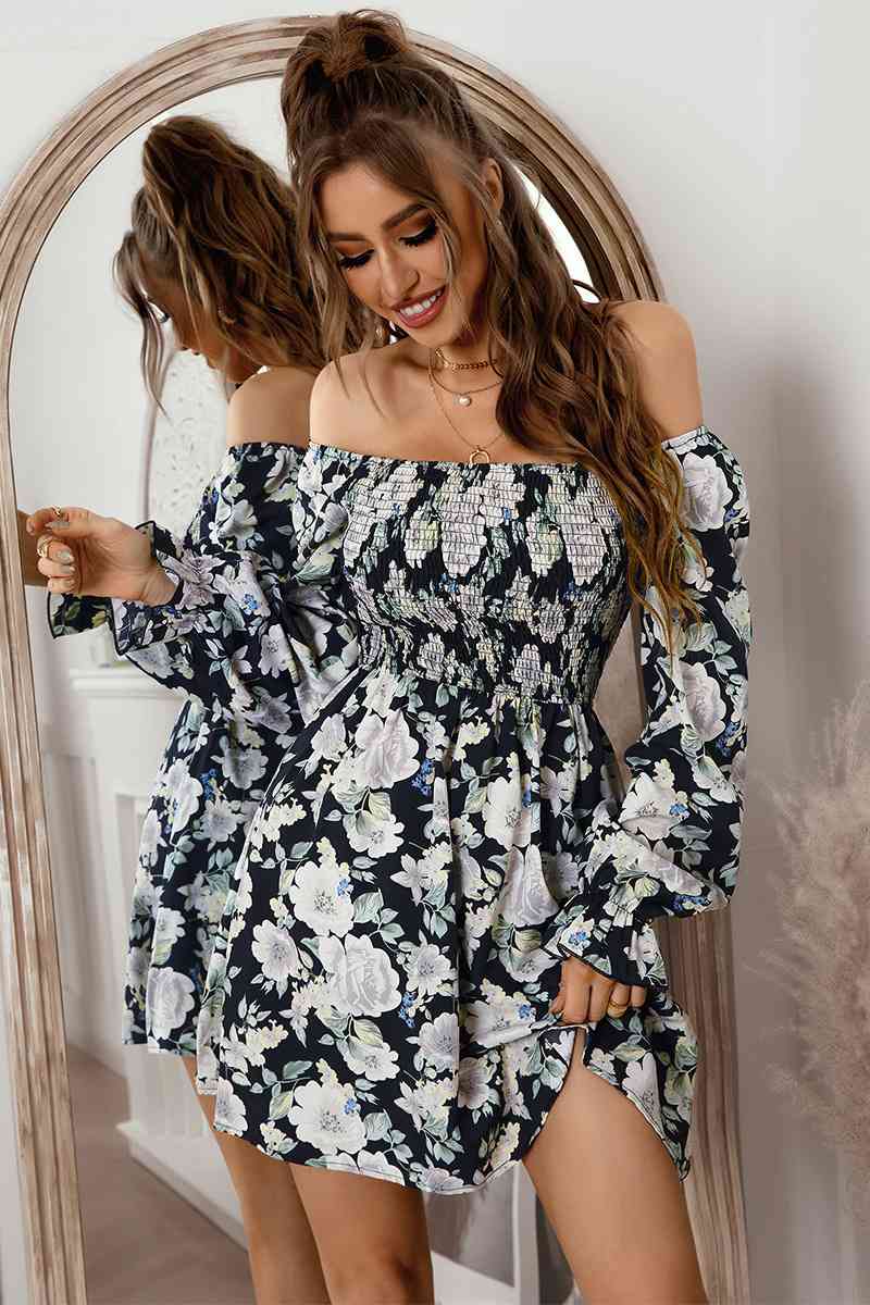 Floral Flounce Sleeve Smocked Square Neck Dress