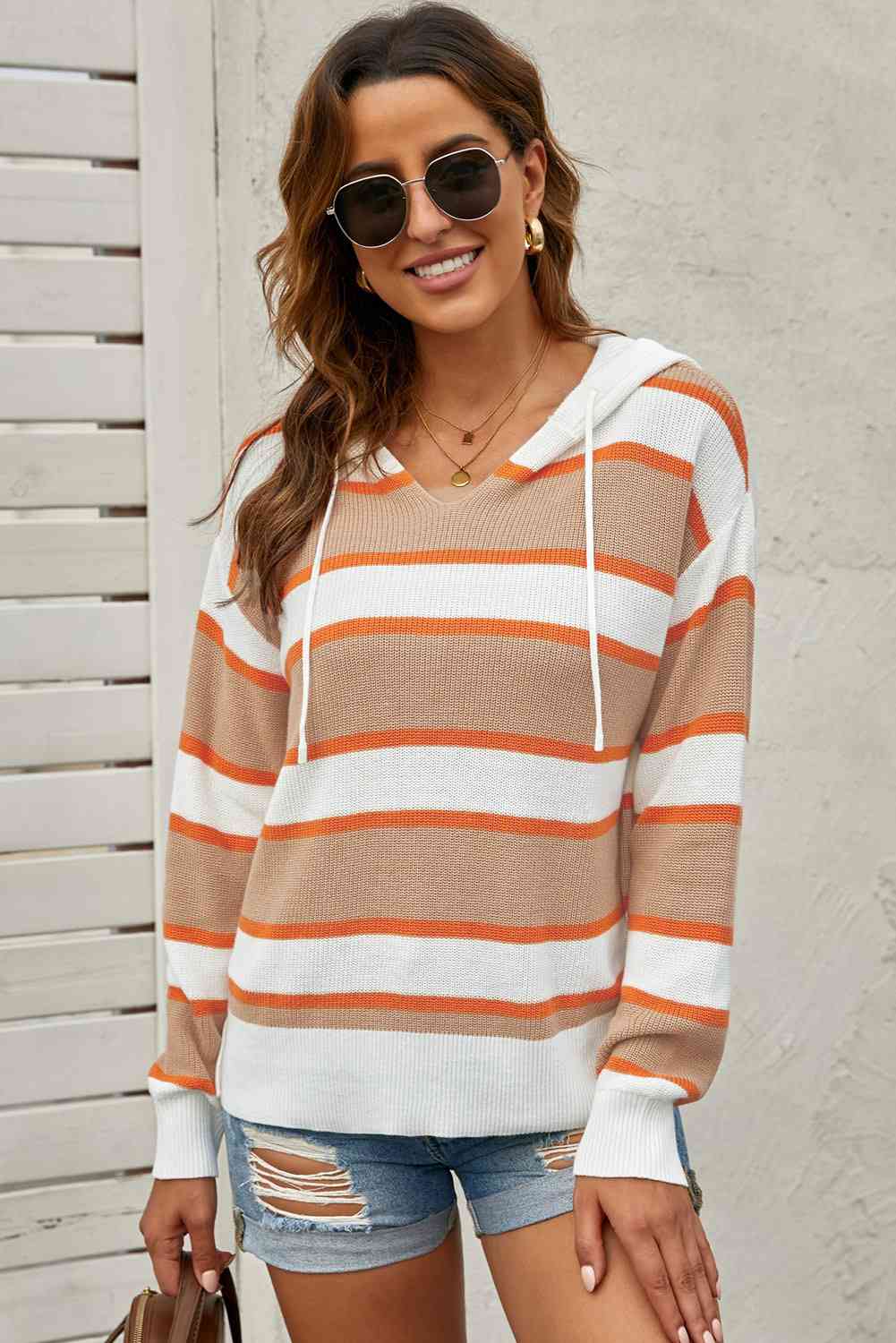 Striped Drawstring Hooded Sweater