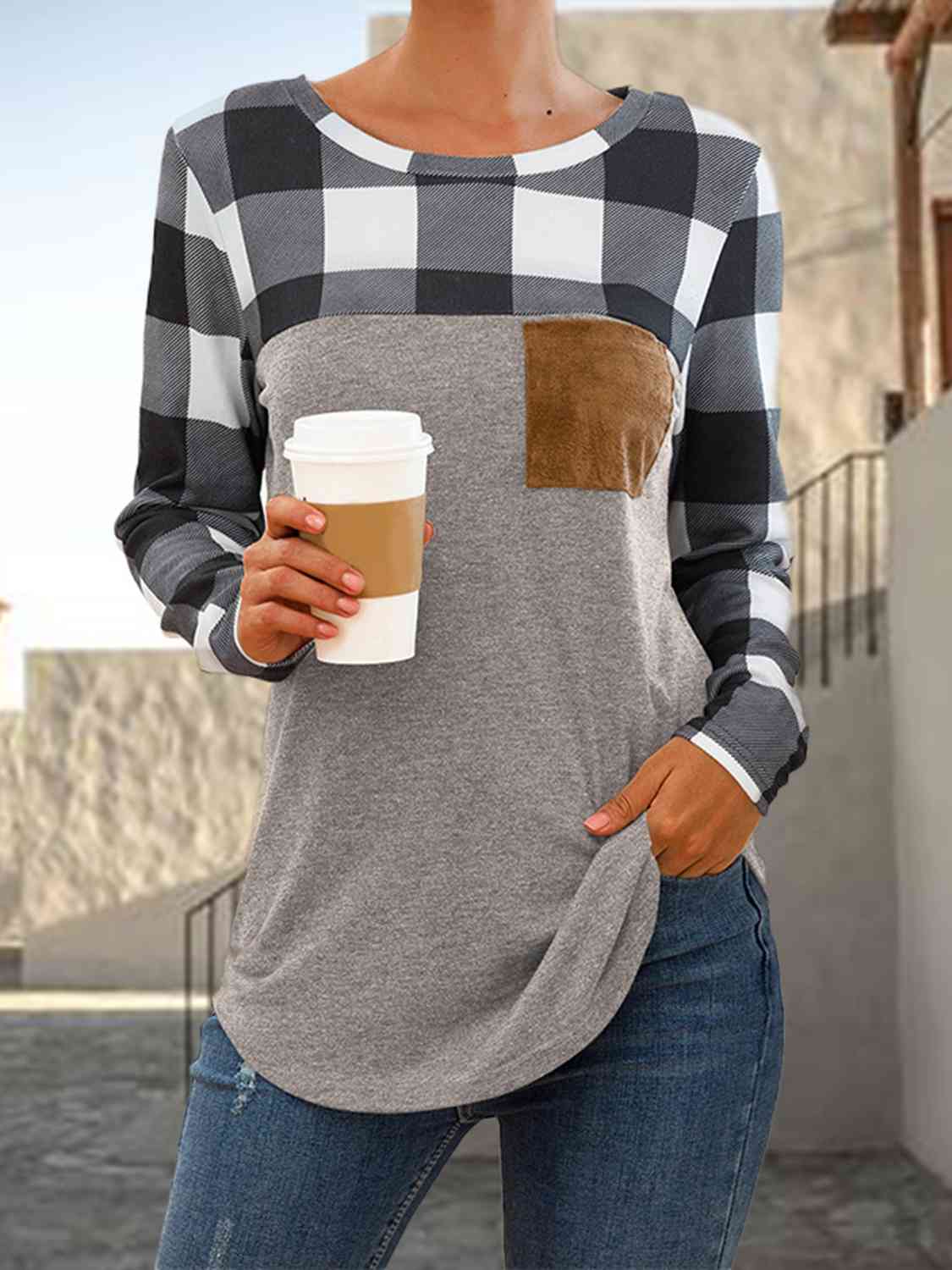 Plaid Round Neck Long Sleeve T-Shirt