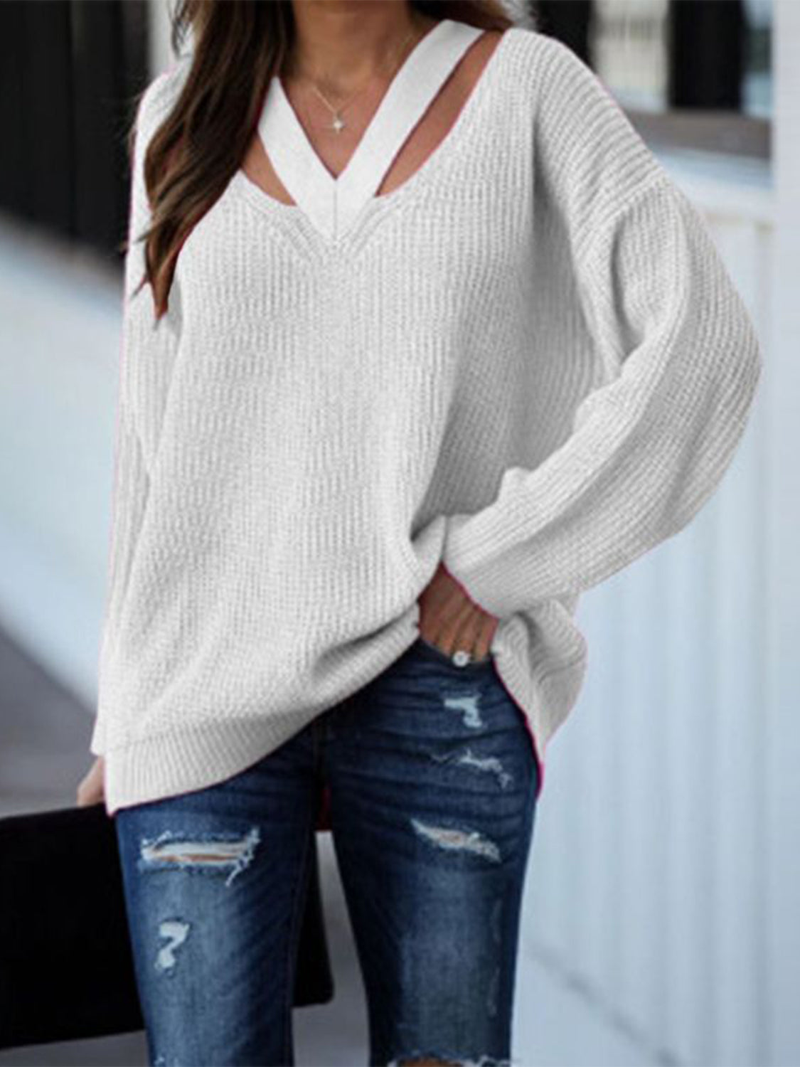 Full Size Cutout V-Neck Rib-Knit Sweater