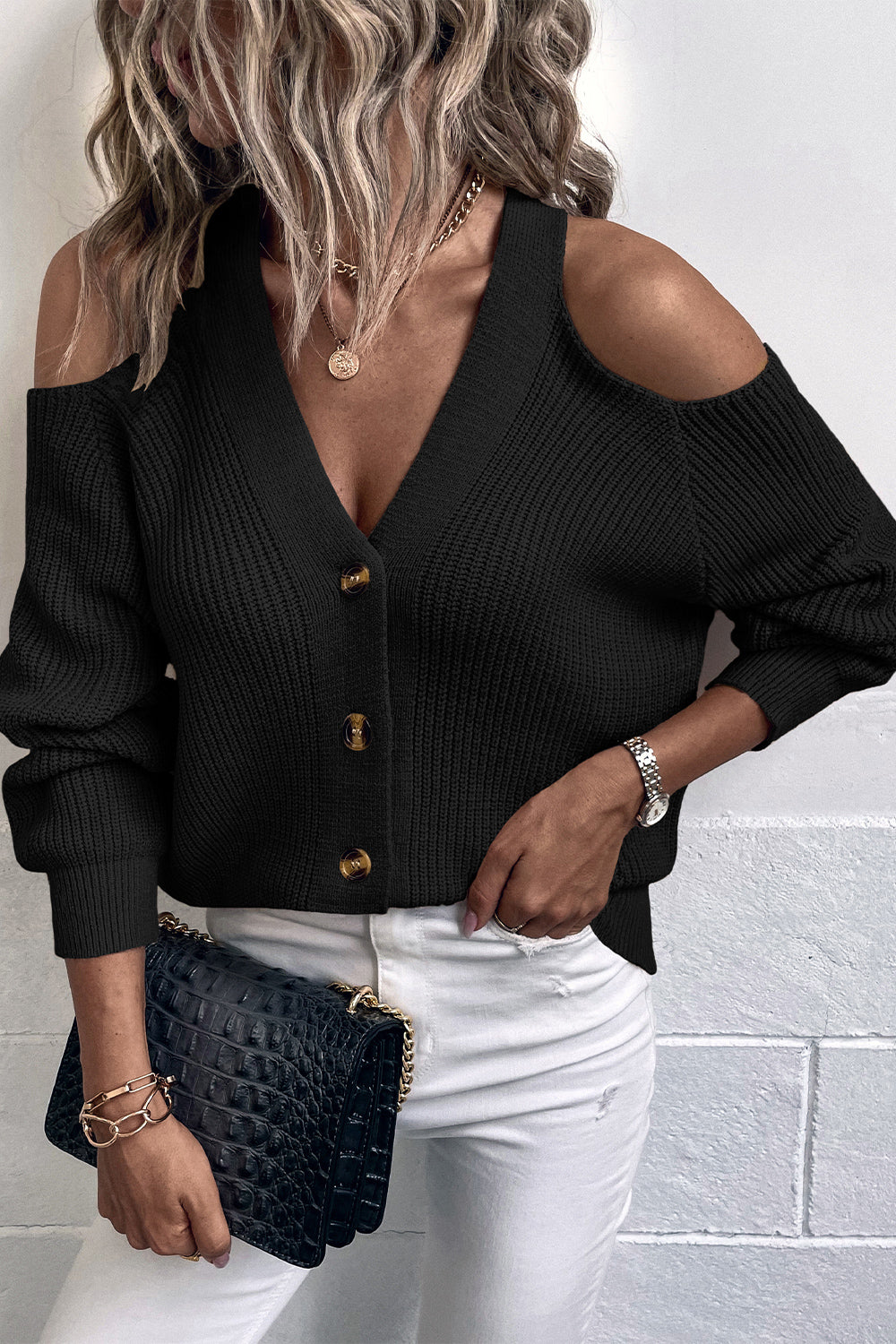 Cold Shoulder Plunge Neck Ribbed Cardigan