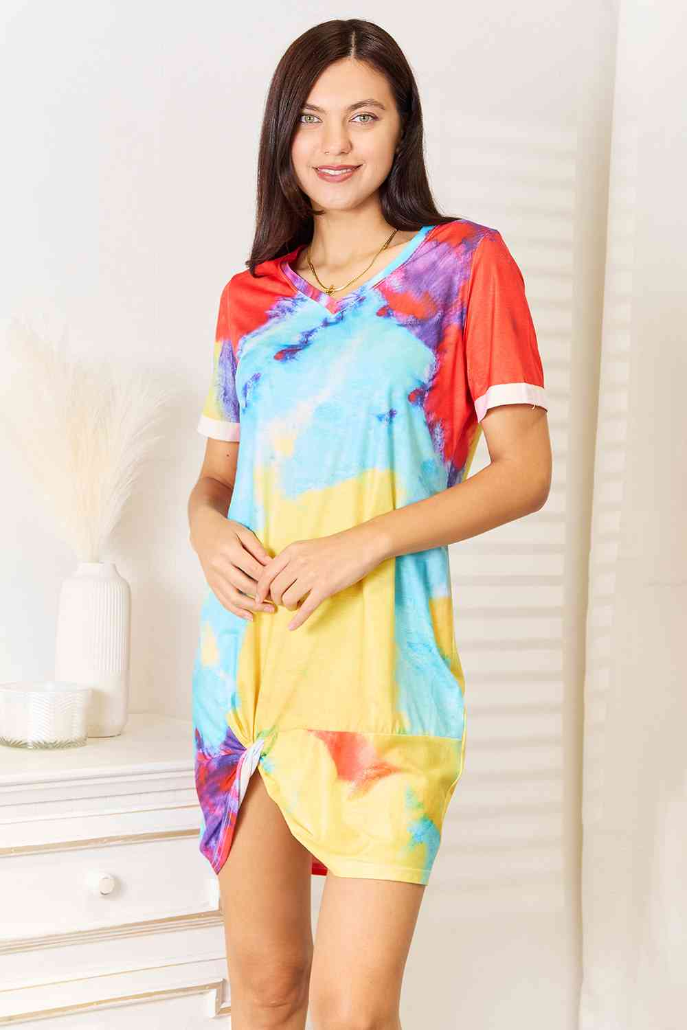 Double Take Tie-Dye V-Neck Twisted Dress