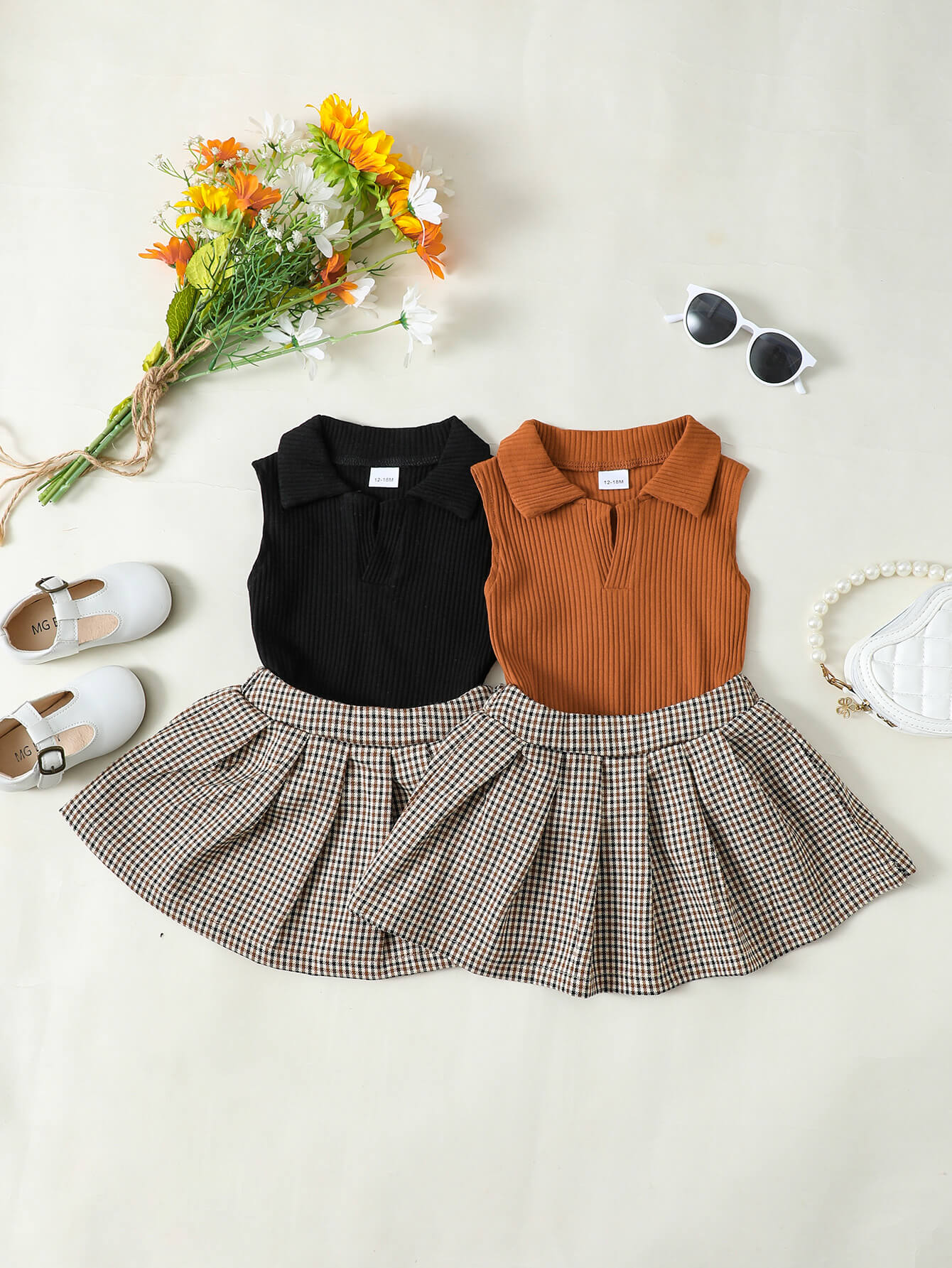 Girls Ribbed Sleeveless Top and Plaid Skirt Set