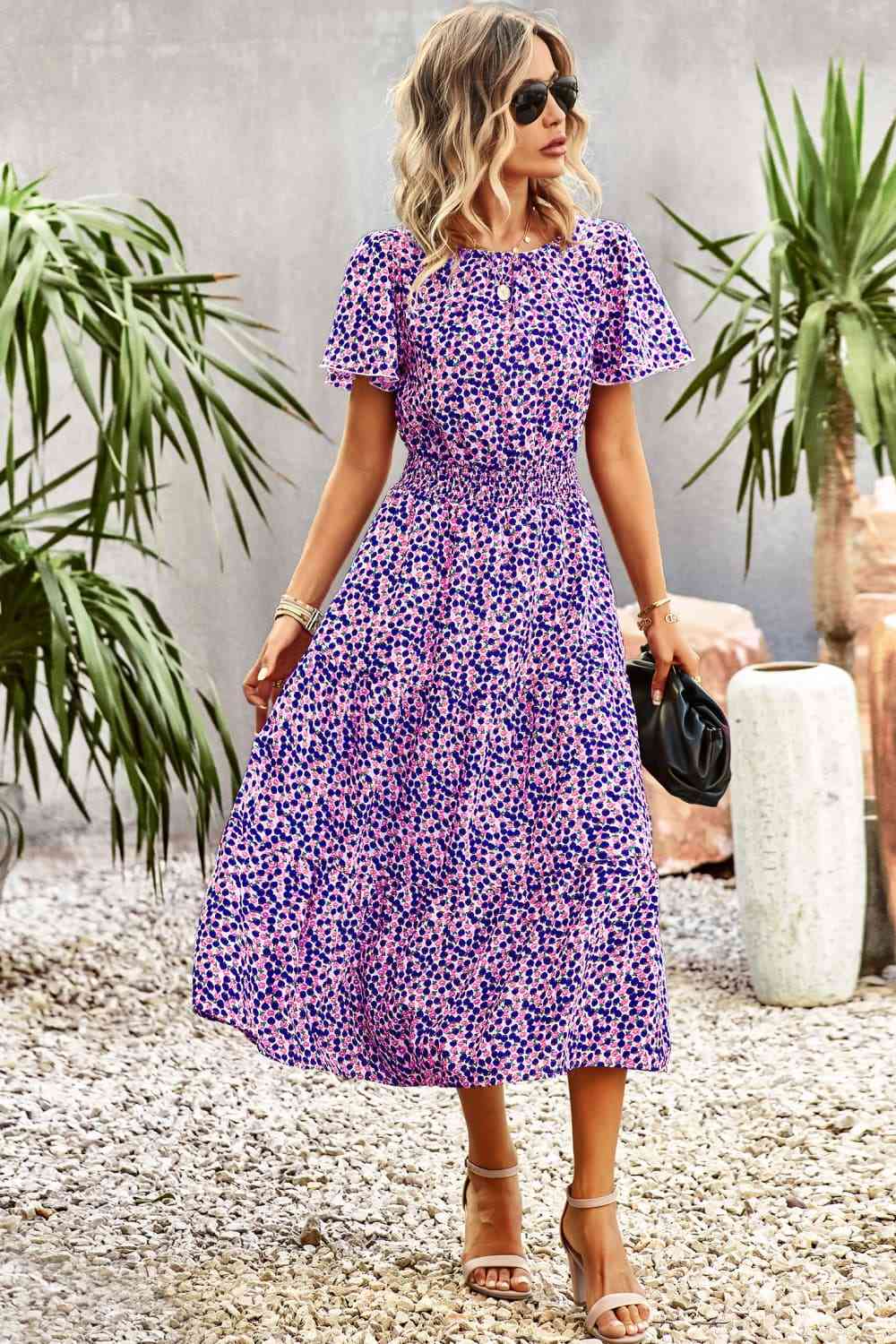 Floral Puff Sleeve Tiered Midi Dress