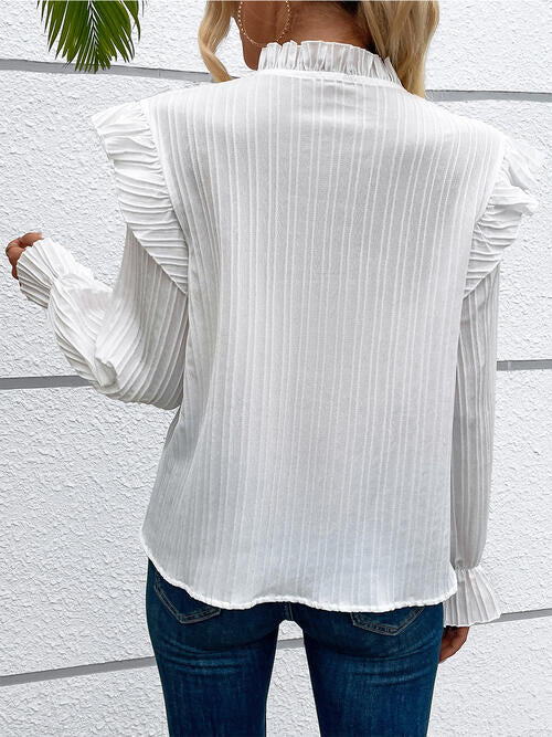 Textured Ruffle Trim Long Sleeve Blouse