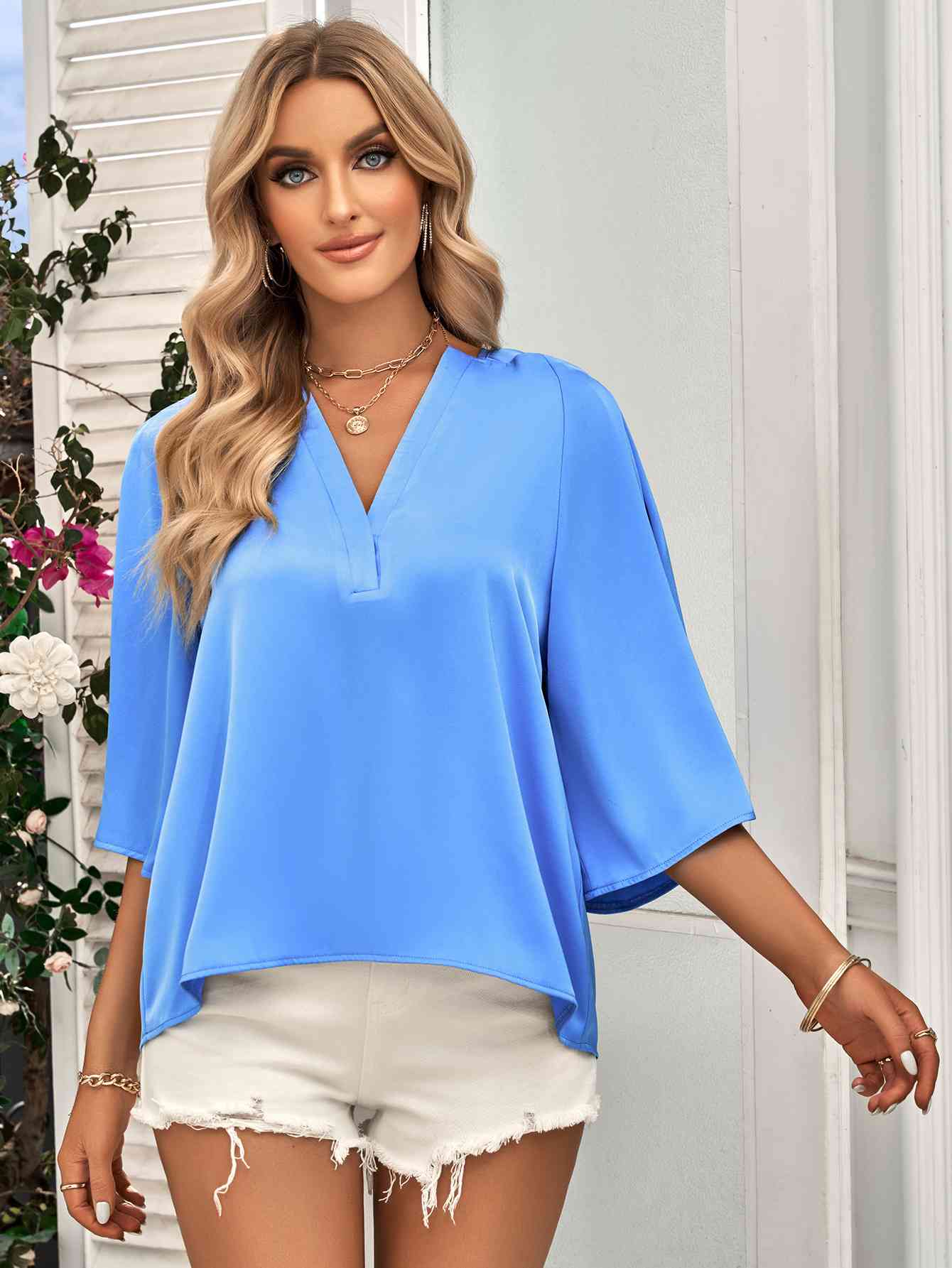 Three-Quarter Flare Sleeve V-Neck Blouse