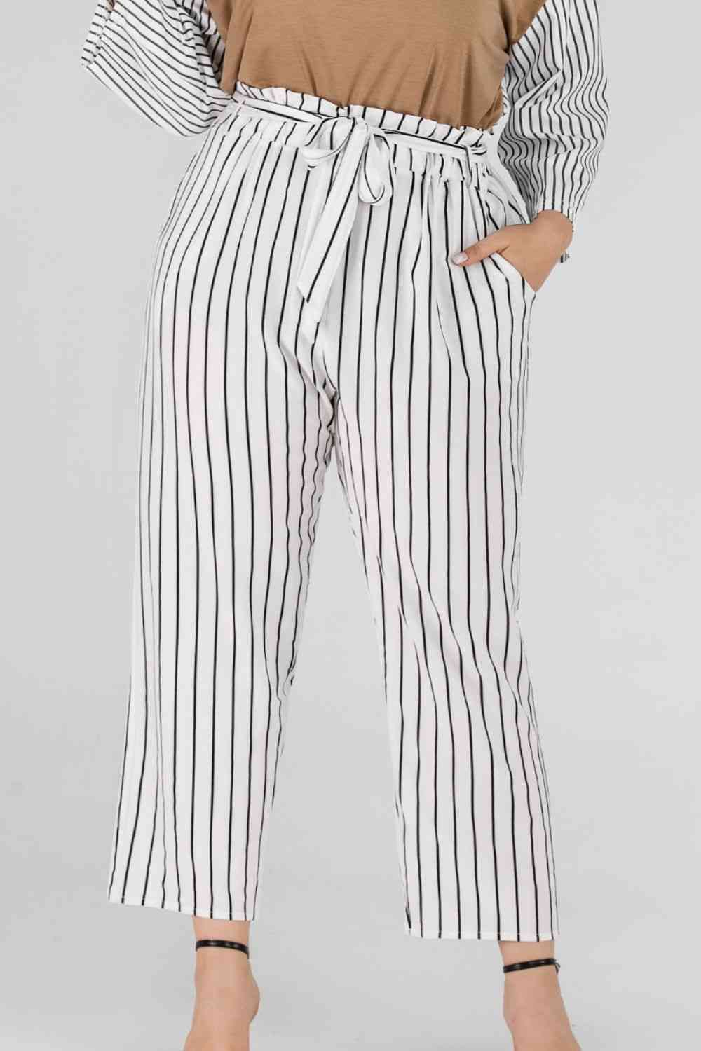 Full Size Striped Paperbag Waist Cropped Pants