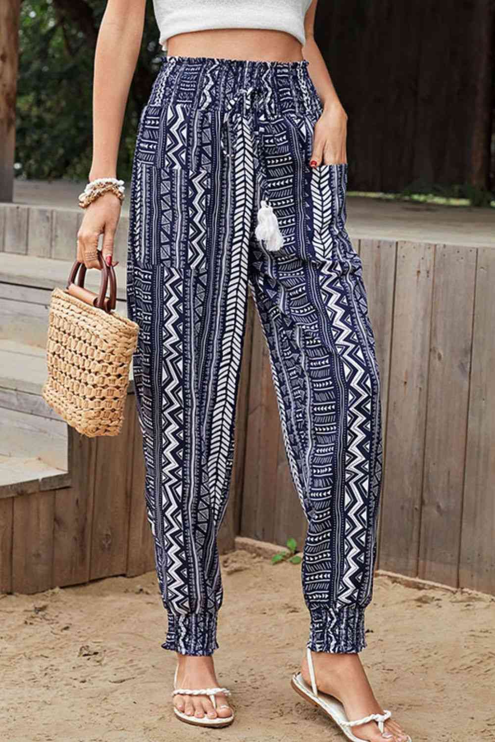 Geometric Print Tassel High-Rise Pants