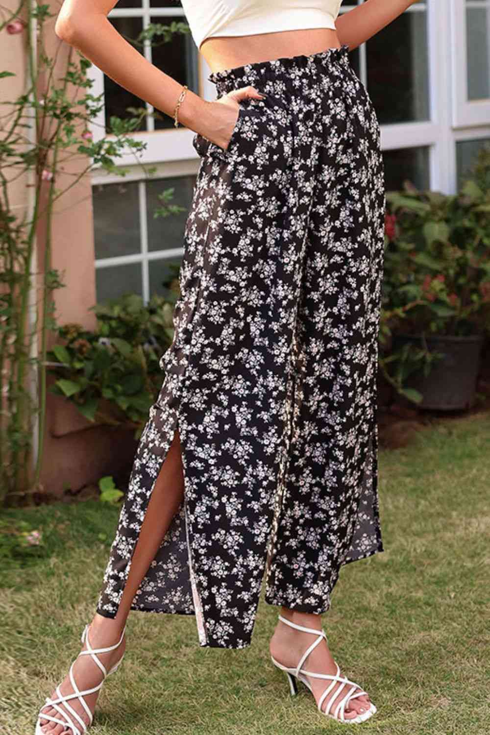 Floral Paperbag Waist Slit Ankle Wide Leg Pants