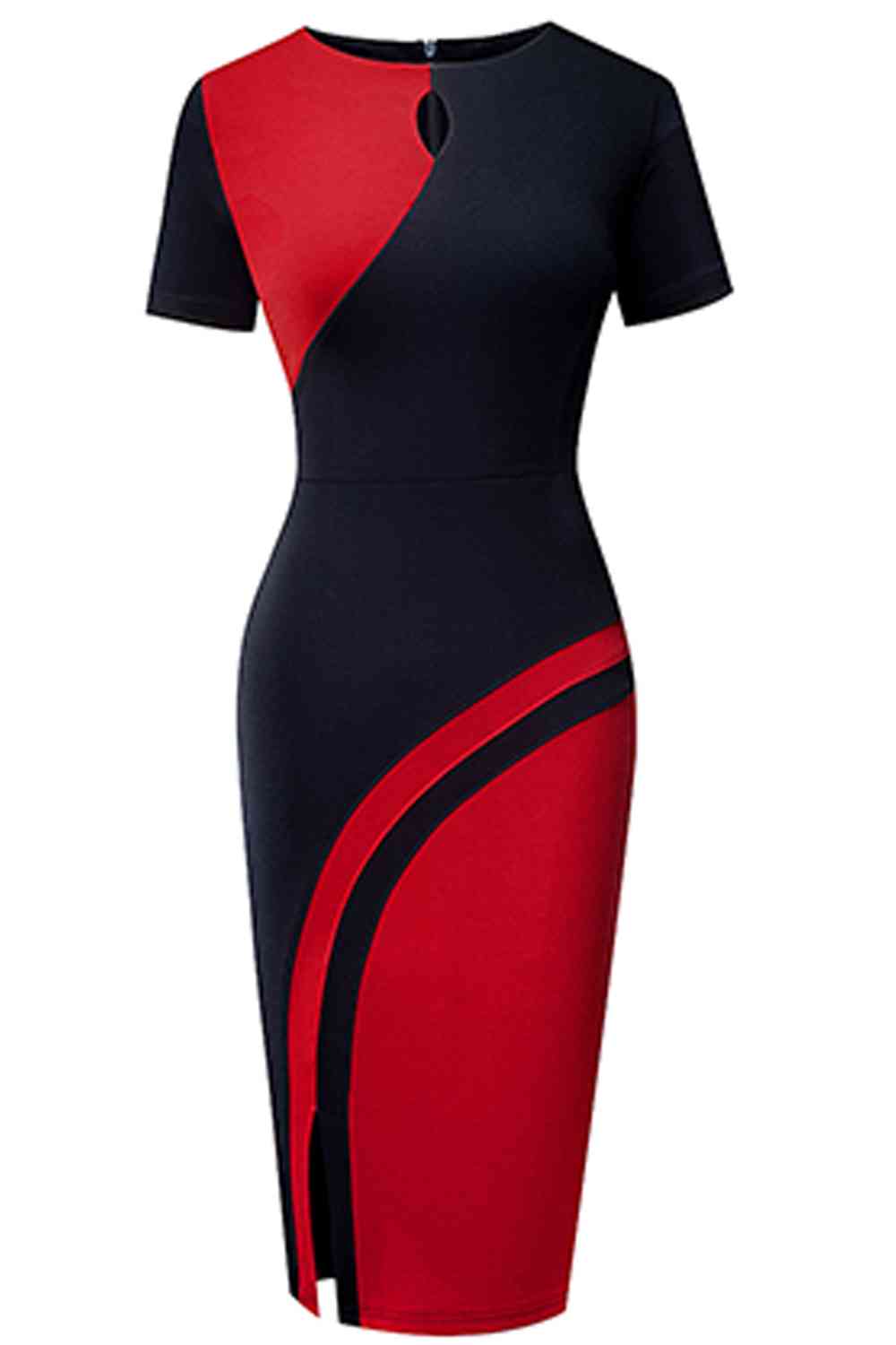 Two-Tone Round Neck Short Sleeve Slit Dress