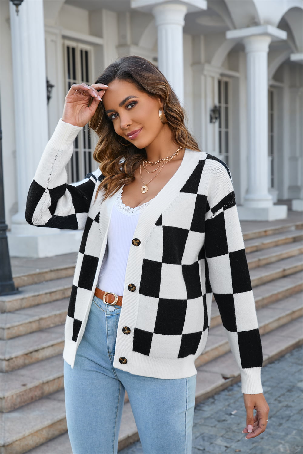 Button-Up V-Neck Dropped Shoulder Cardigan