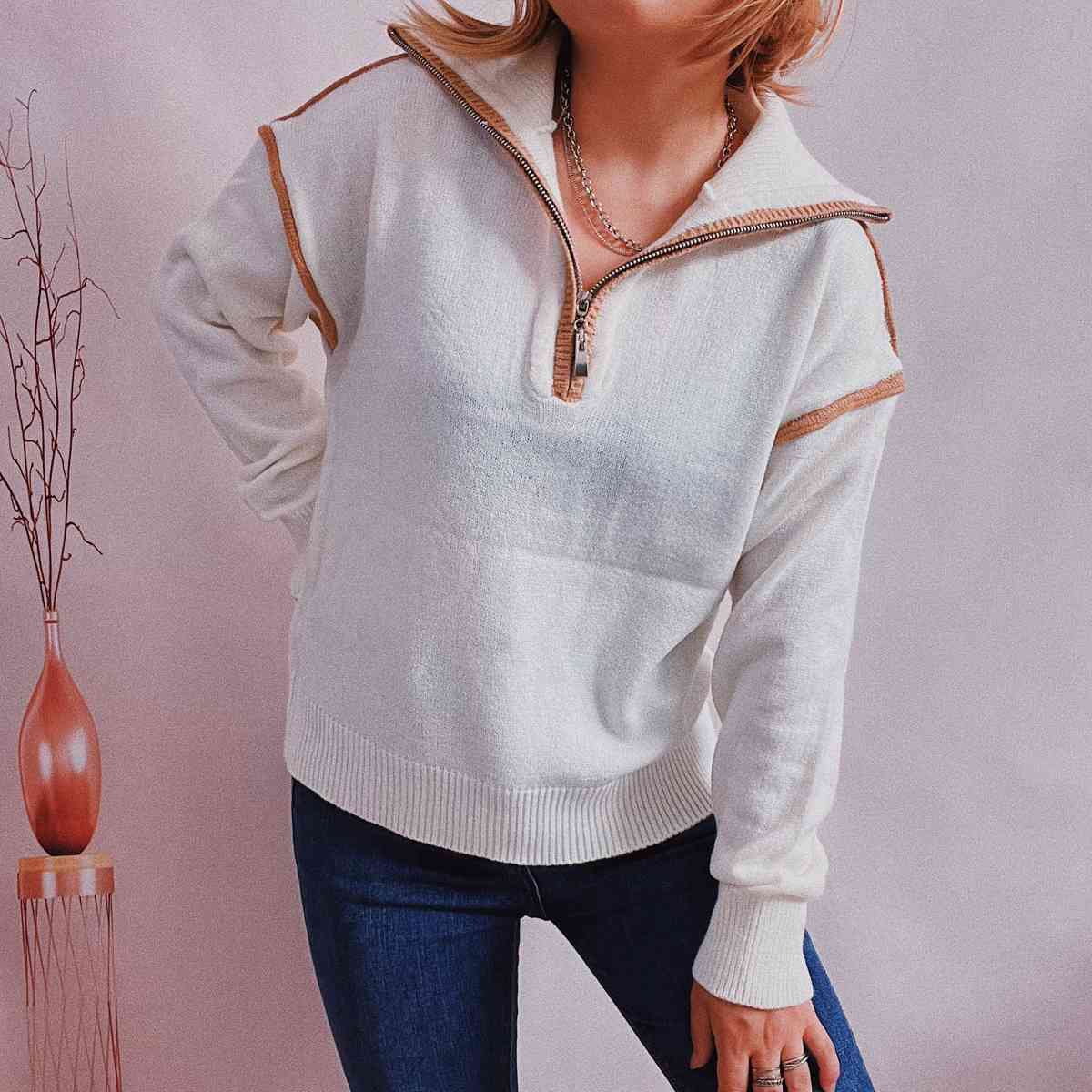 Exposed Seam Half Zip Sweater