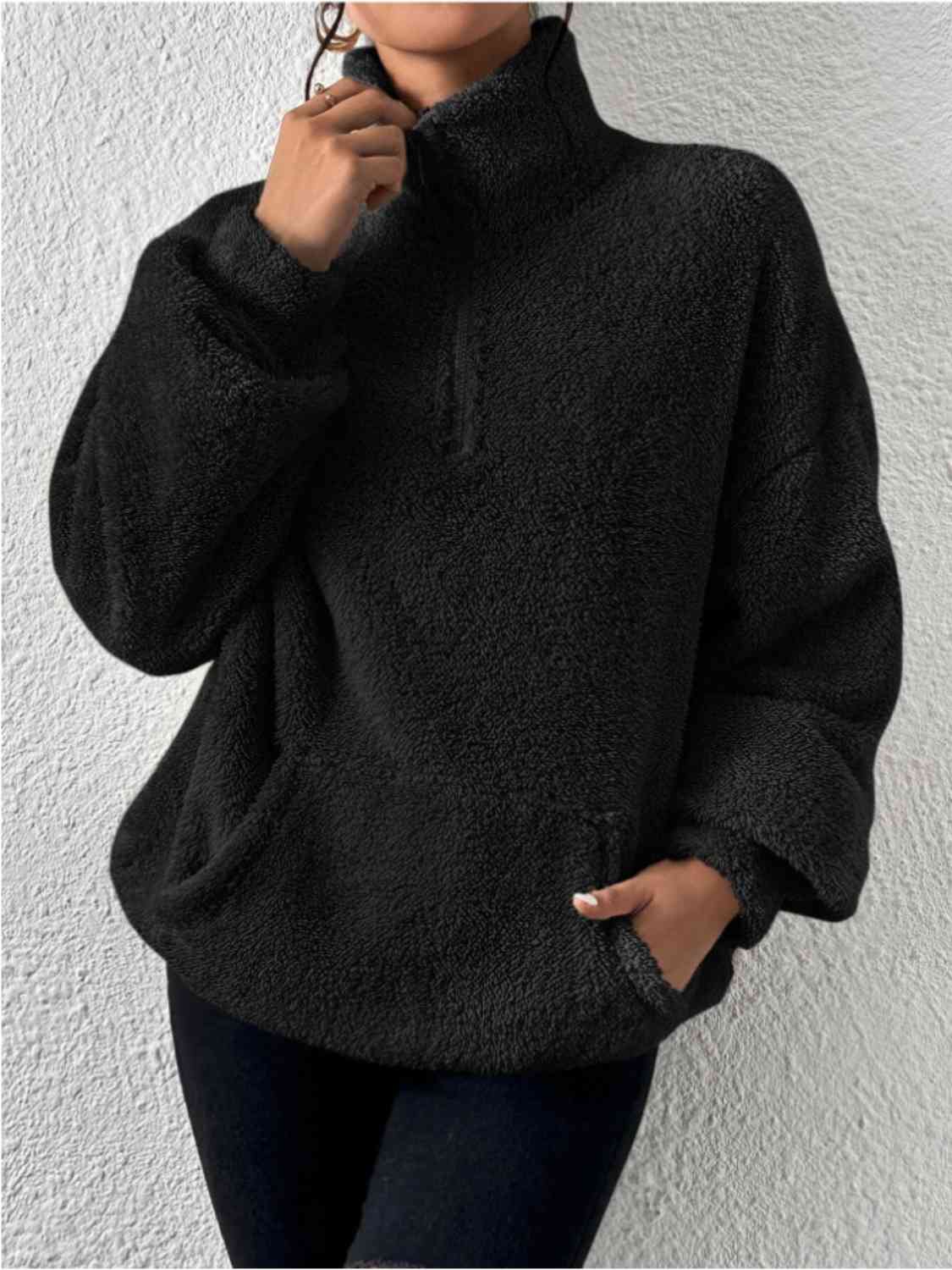 Half Zip Drop Shoulder Sweatshirt with Pocket