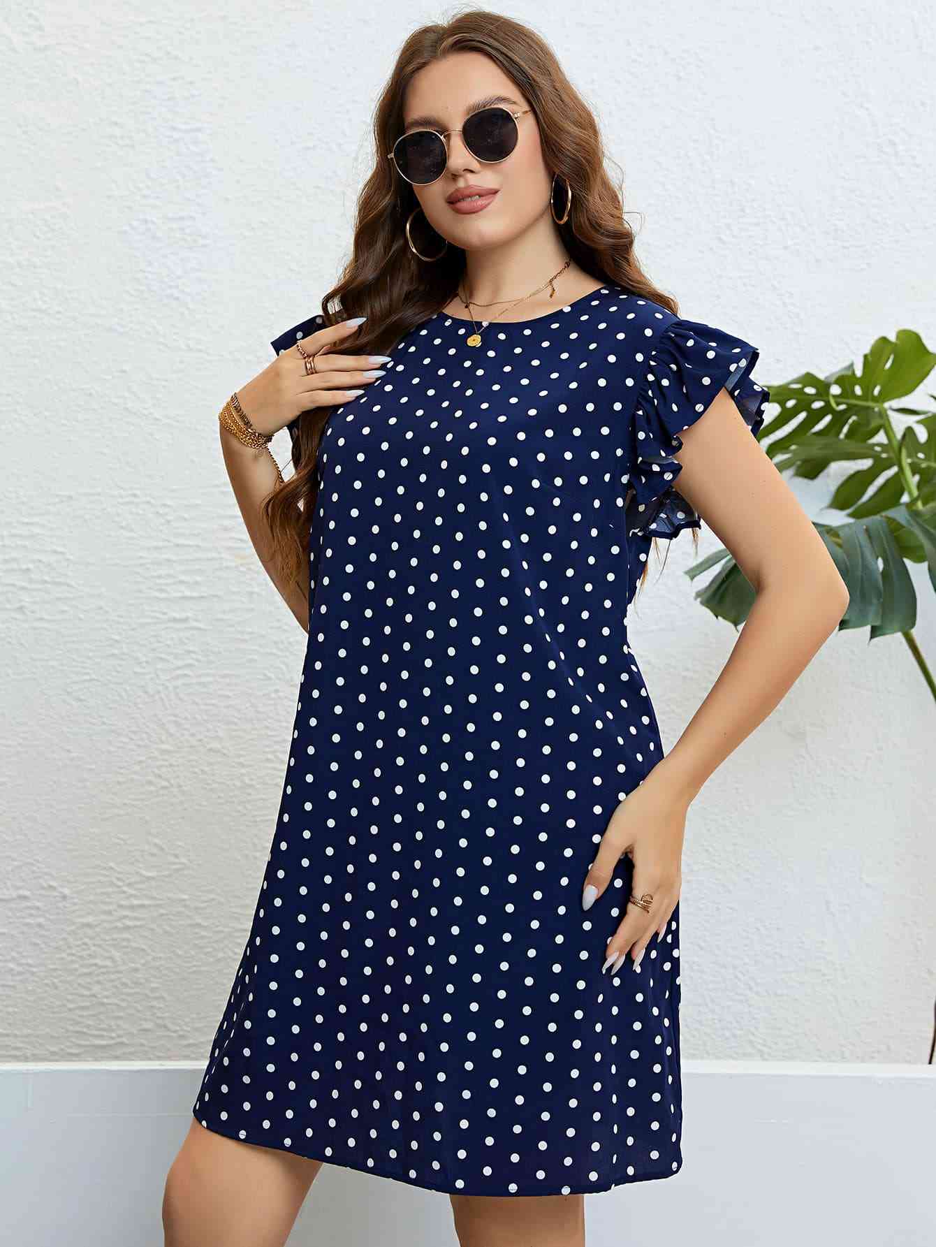 Plus Size Polka Dot Round Neck Dress