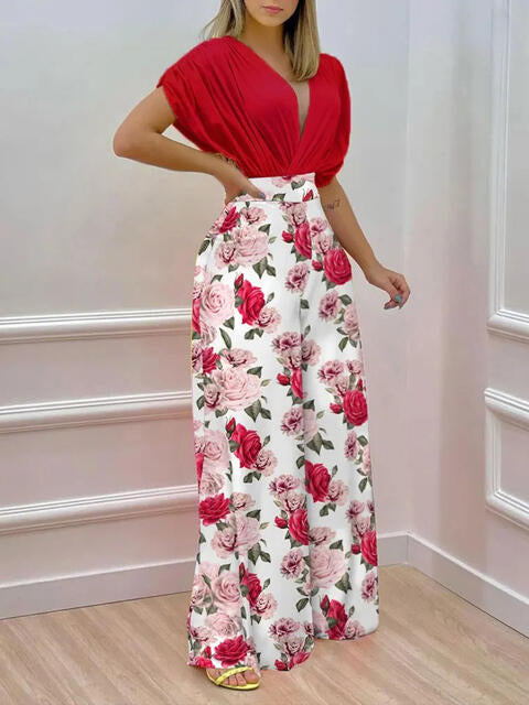 Printed Surplice Top and Wide Leg Pants Set