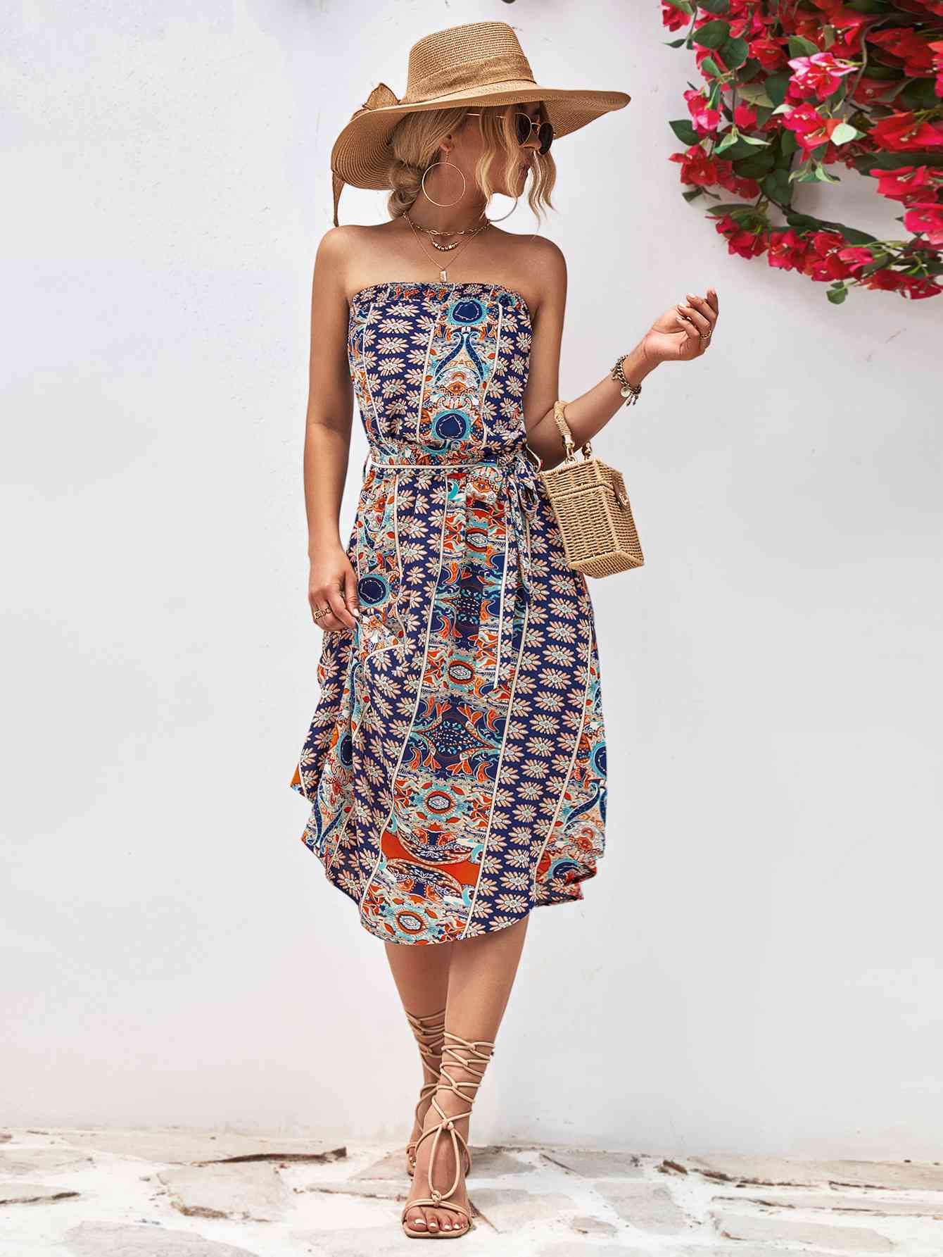 Printed Strapless Tie Belt Dress