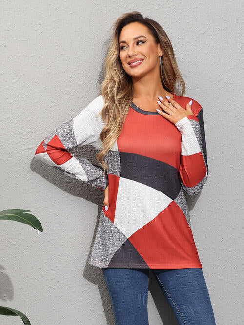 Color Block Round Neck Long Sleeve T-Shirt