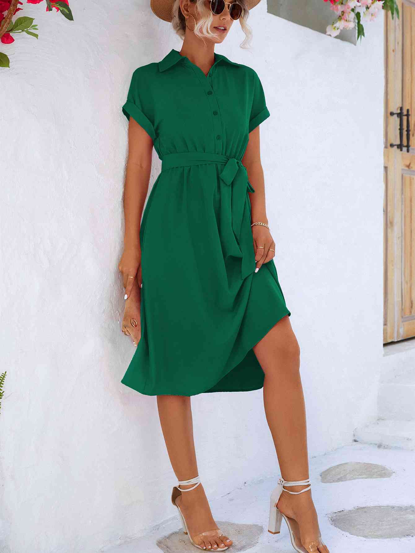 Cuffed Short Sleeve Belted Shirt Dress