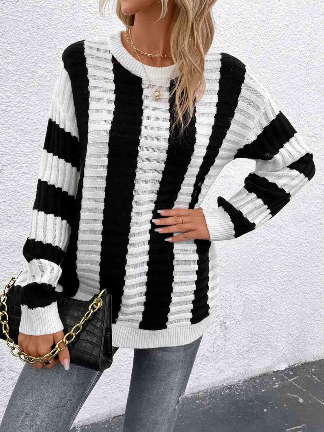 Striped Round Neck Long Sleeve Knit Top