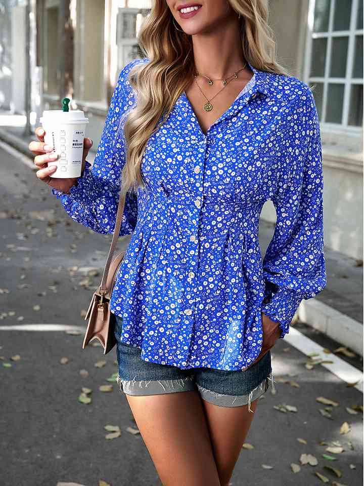 Printed Button-Up Lantern Sleeve Shirt