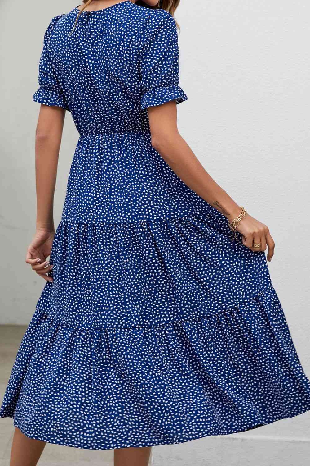 Polka Dot Short Flounce Sleeve Tiered Midi Dress