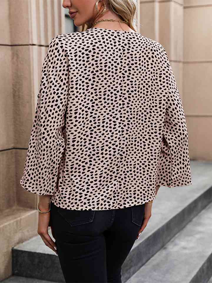 Printed V-Neck Roll-Tab Sleeve Blouse